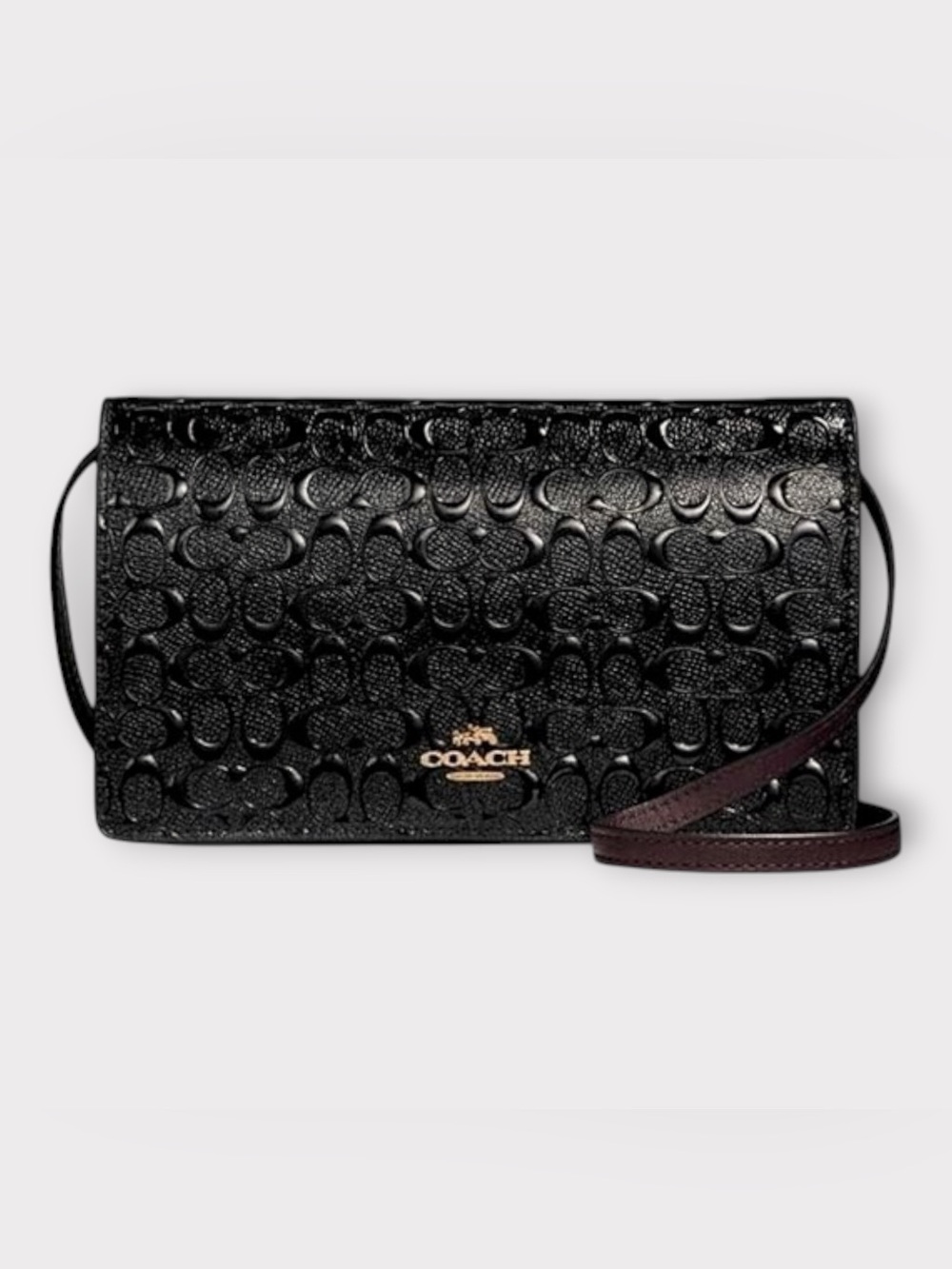 Coach Signature Debossed Patent Leather Foldover Clutch Crossbody Black/Oxblood